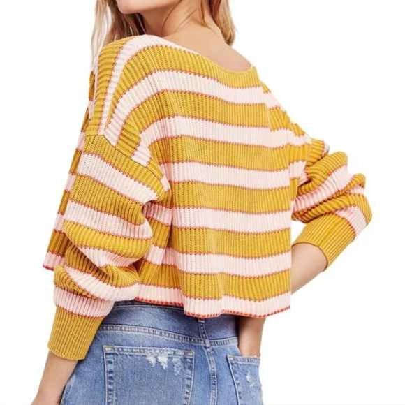 FREE PEOPLE YELLOW BEIGE JUST MY STRIPE CROPPED PULLOVER SWEATER L NWT - Picture 7 of 8
